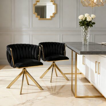 Chaise de salle à manger Kungsbacka noir et or – pivotante à 180° en velours luxueux