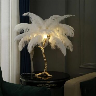 Lampe à poser Amèlie - Lampe en plumes d'autruche avec base en cuivre
