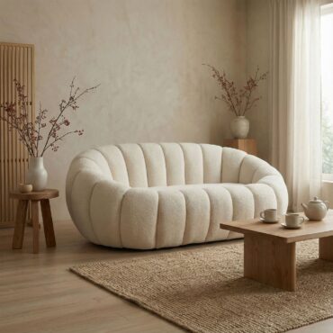 Horsens Canapé 2 places - design coquillage, tissu bouclé crème