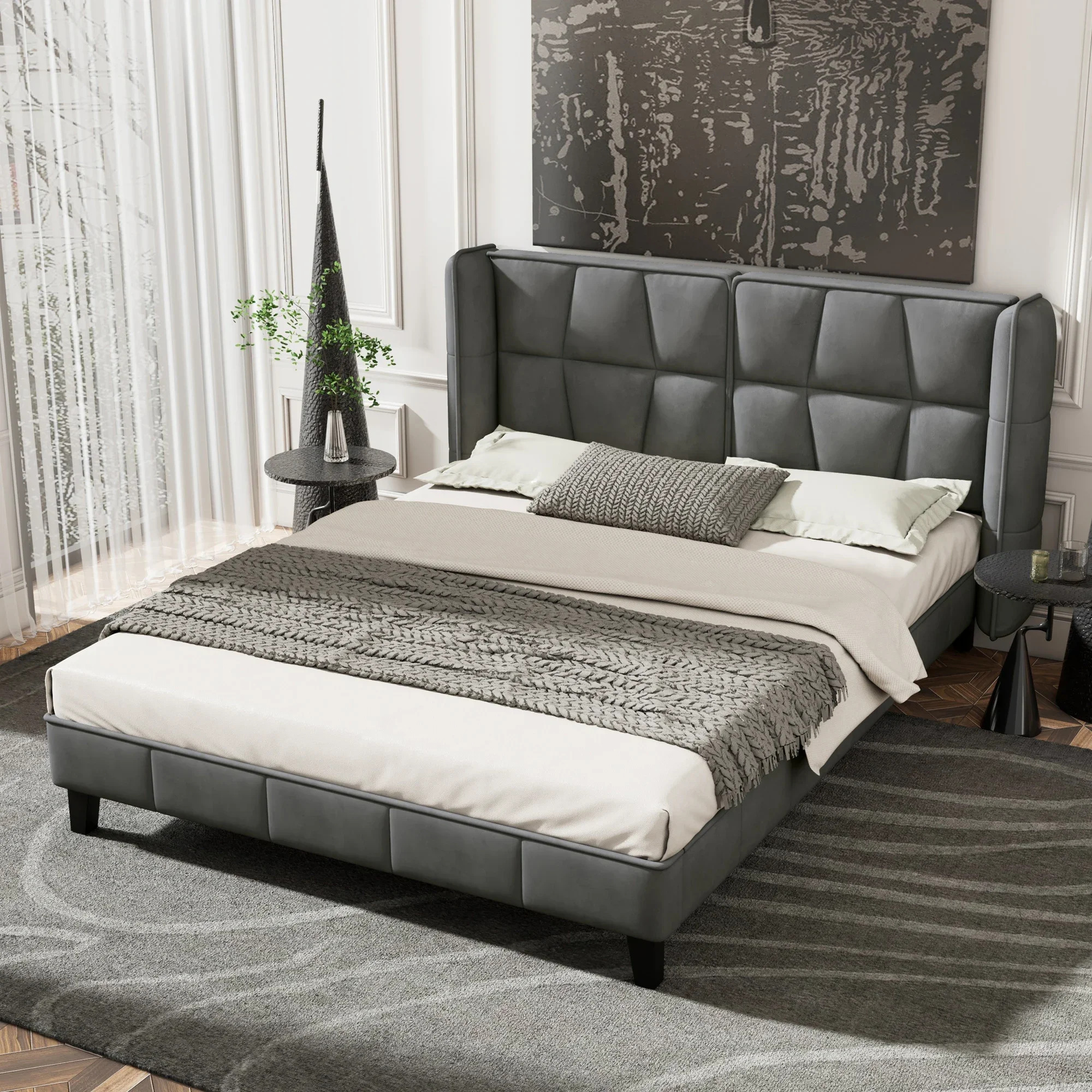 Herning Double Bed 180x200 cm – Grey Velvet with Padded Headboard – Image 2