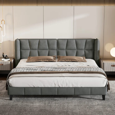 Herning Lit double 180x200 cm - Velours gris avec tête de lit rembourrée
