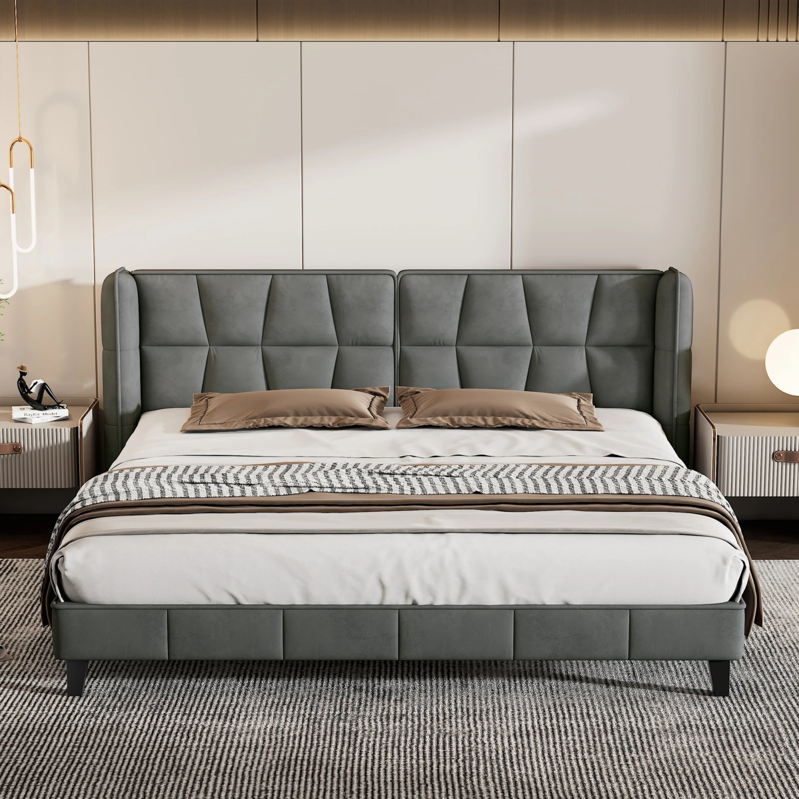 Herning Lit double 180x200 cm - Velours gris avec tête de lit rembourrée